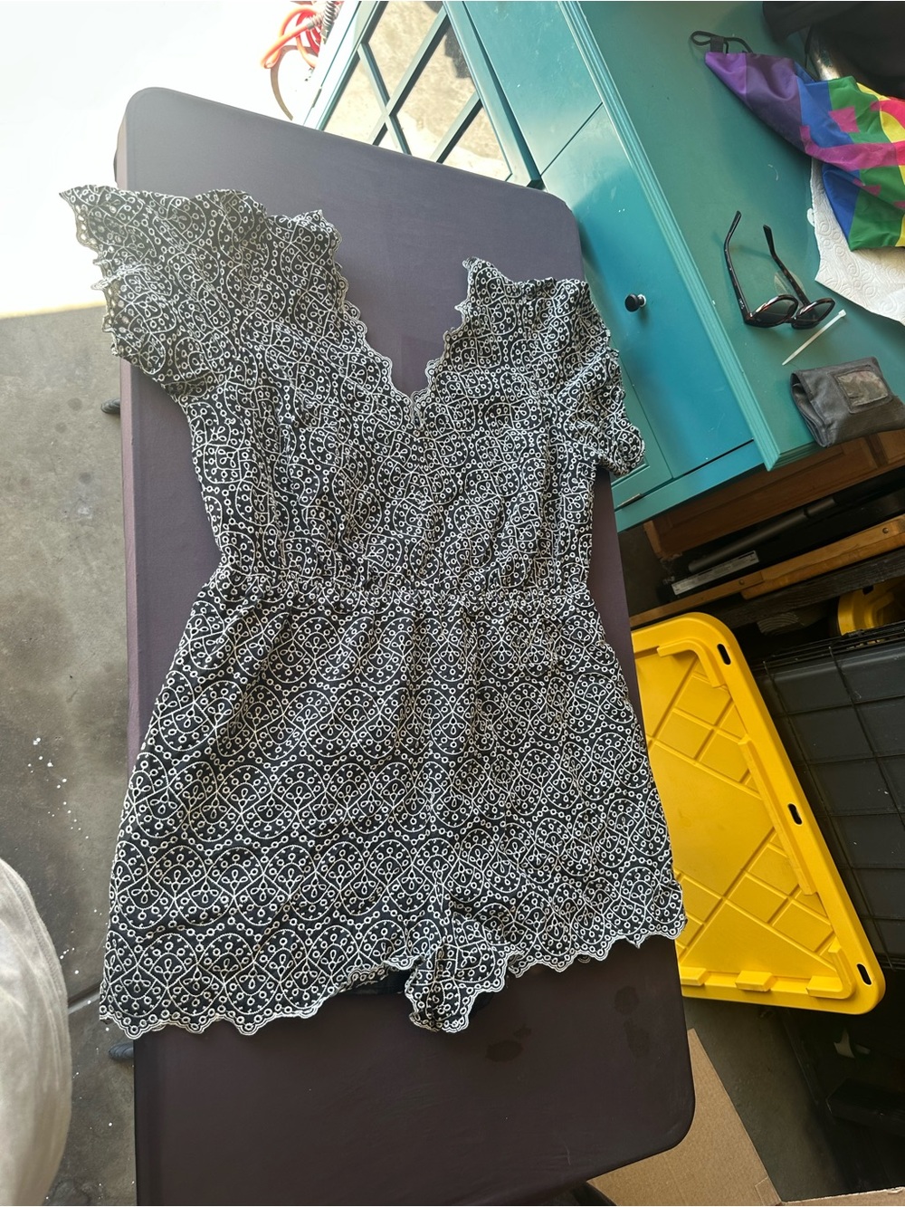 Express Black and White Scalloped V-Neck Romper with Geometric Print